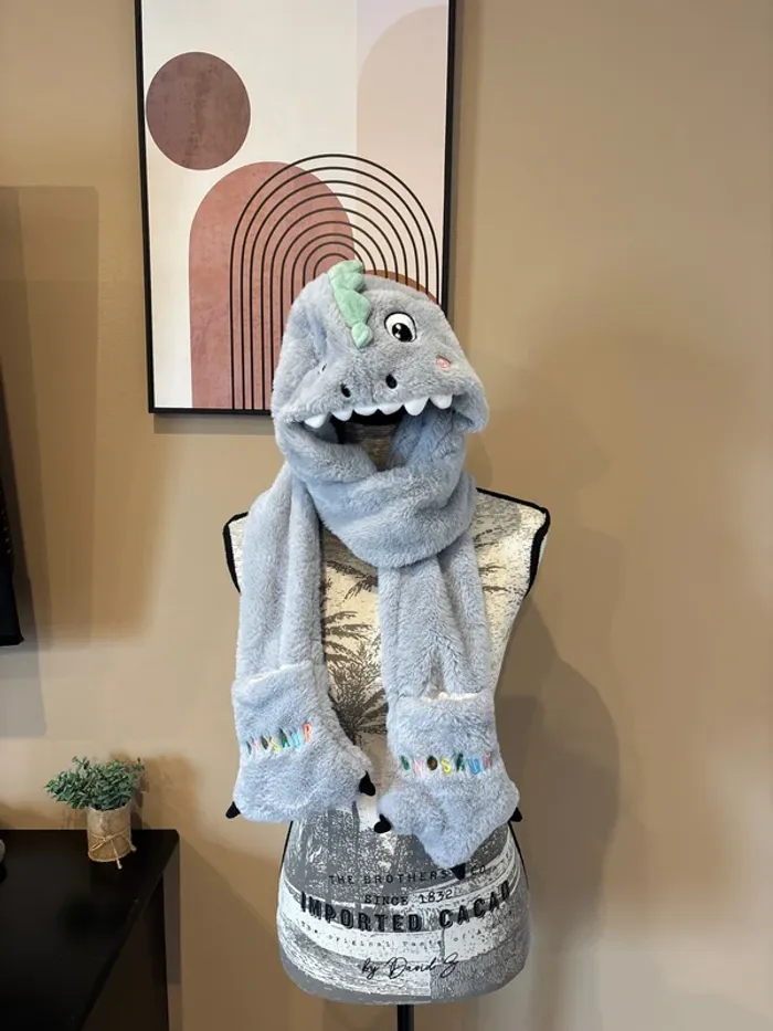Bonnet écharpe gant 3 en 1 dinosaure
