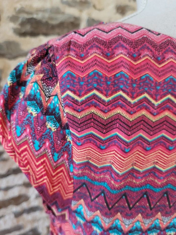 Blouse manches courtes à motifs rose corail bleu turquoise Camaïeu Taille 36 - photo numéro 6