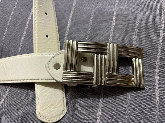 Ceinture vintage blanche avec boucle en métal argenté double carré 90cm - photo numéro 3