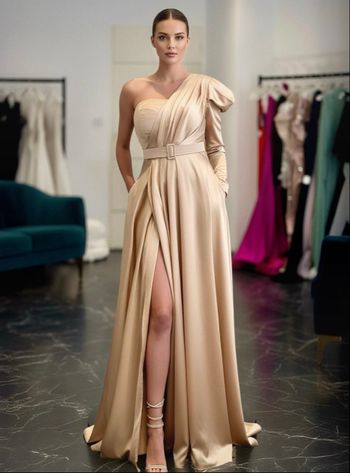 Robe de luxe satin champagne – Asymétrique à une manche fendue ceinturée abiye kına elbise düğün