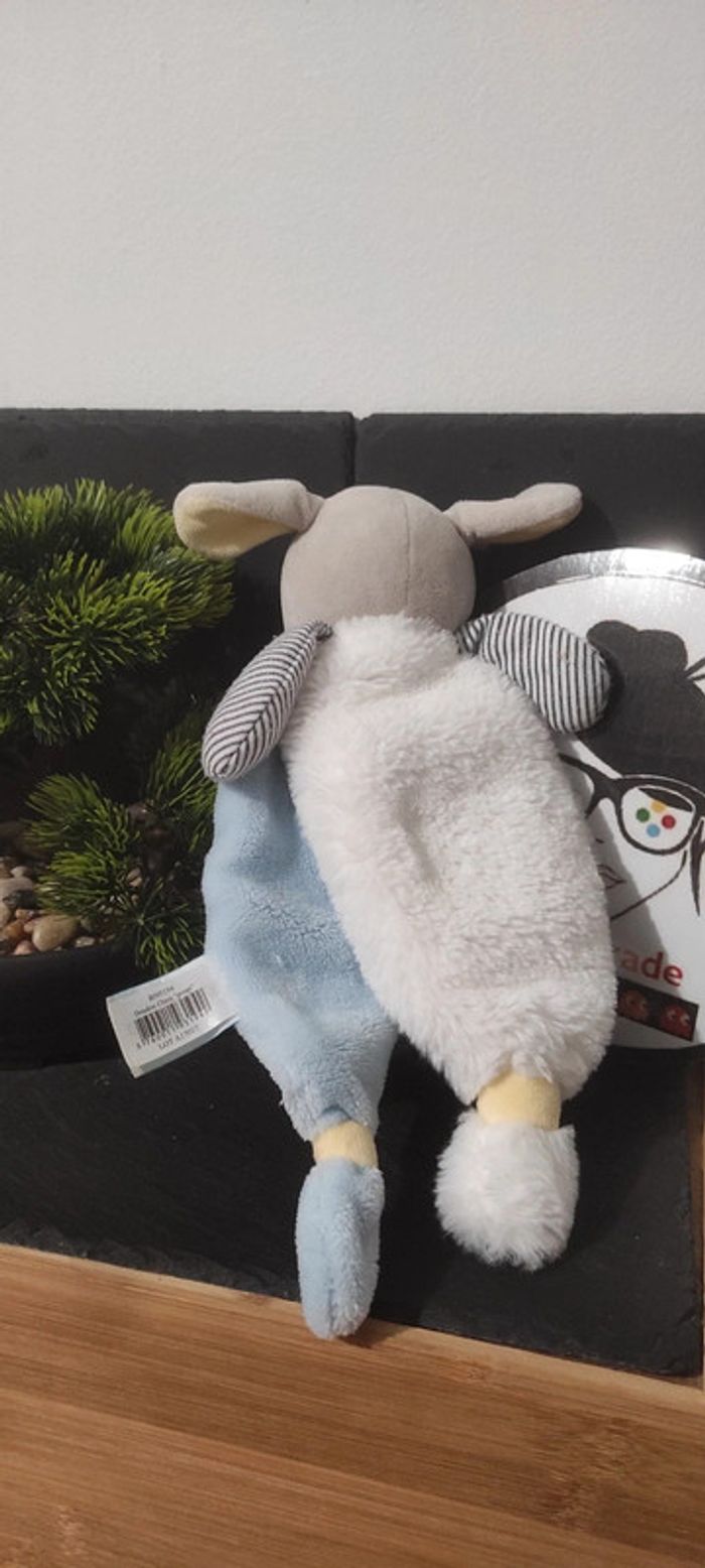 Doudou plat chien gris blanc bleu jaune Poupi bn0194 pois rayure Écharpe Jambe - photo numéro 2