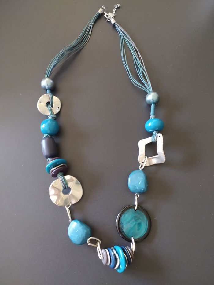 Collier grosses perles atgentées et turquoise - photo numéro 3