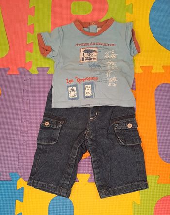 Ensemble bleu t-shirt manches courtes pantalon jean, kiabi, taille 3 mois (60 cm)