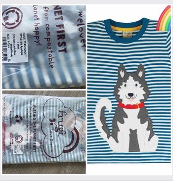 Tee-shirt de la marque Frugi modèle Sid Applique T-shirt coloris Loch Blue Stripe/Husky taille 6/7 ans Neuf