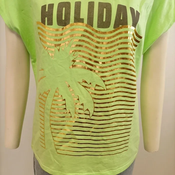 T-shirt vert fluo imprimé palmier doré BREAL style été casual - taille M A627 - photo numéro 5