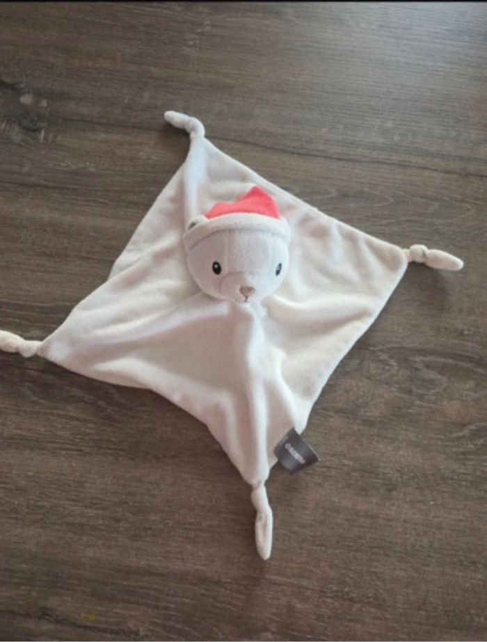 Doudou Ours Plat Mouchoir ORCHESTRA Blanc Bonnet Rouge Noël