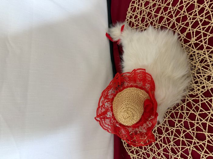 Chat en peluche vintage blanc couché chapeau dentelle rouge et flo rouge - photo numéro 6