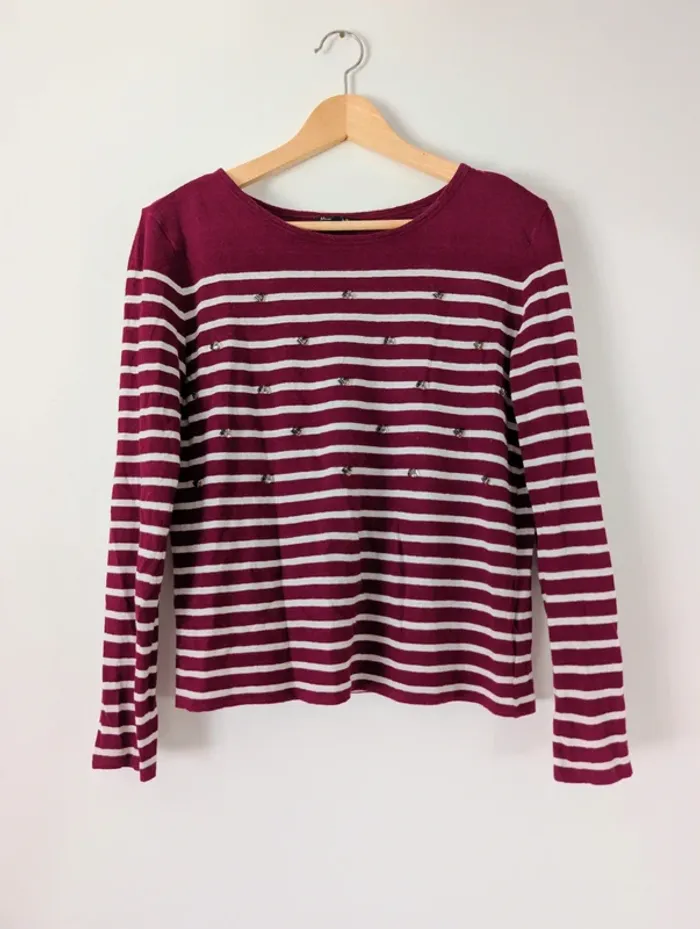 Pull léger marinière Bordeaux casual chic strass automne Massimo dutti taille 38 - photo numéro 6