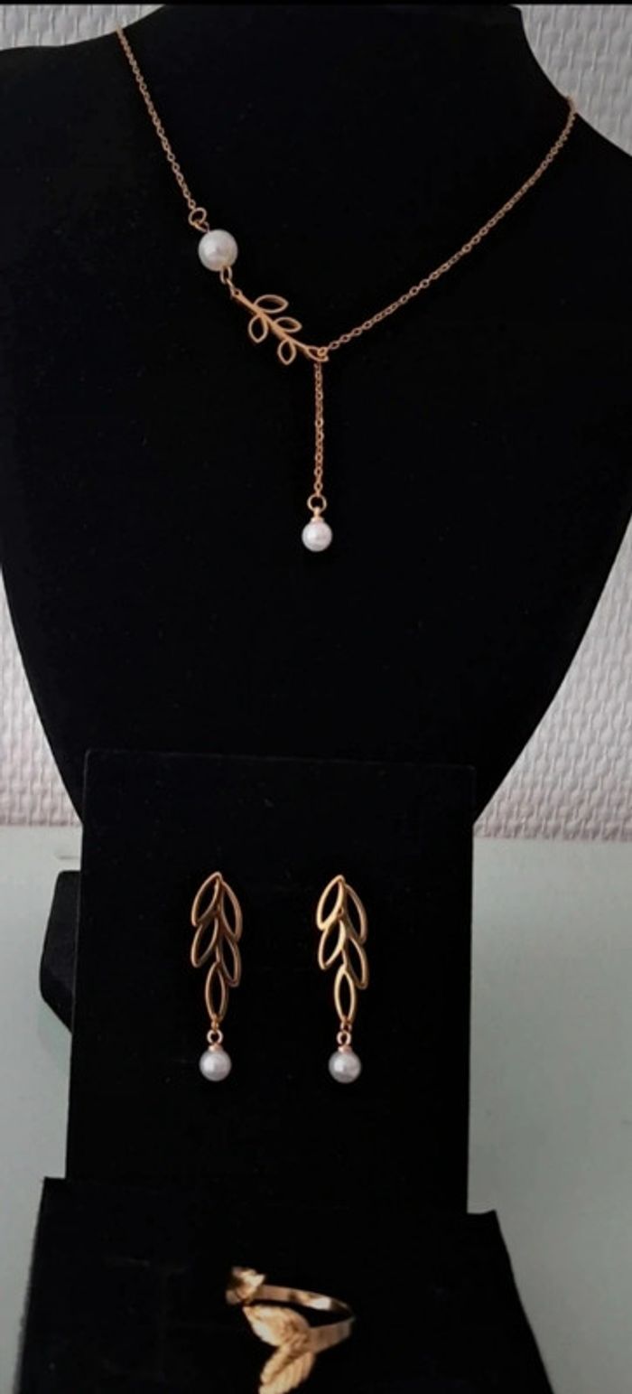 Parure acier inoxydable feuille perle - photo numéro 2