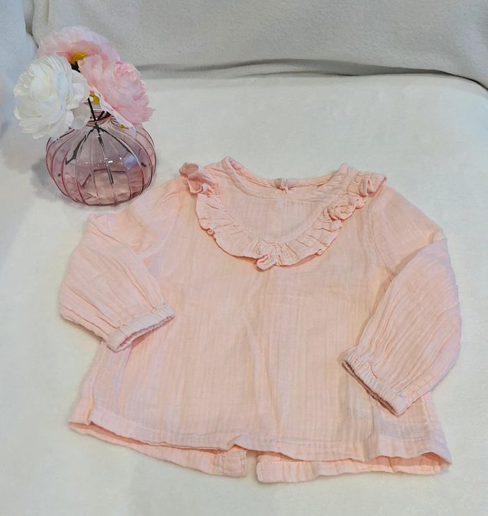 Chemisier manche longue rose clair avec petit col Les petits cailloux 9 mois 71cm - photo numéro 3