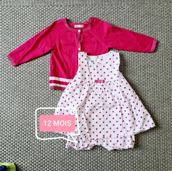 Ensemble robe culotte à pois et gilet assortie fuchsia - 12 mois