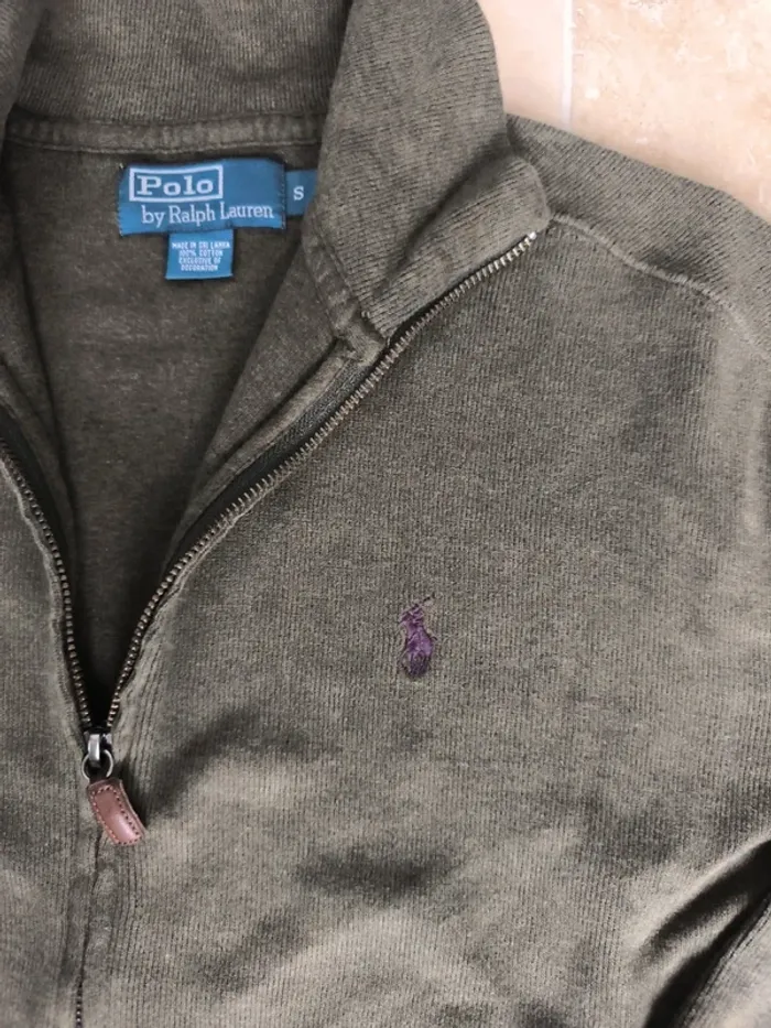 Pull zippé Ralph Lauren Kaki homme S excellent état logo bordeaux - photo numéro 3