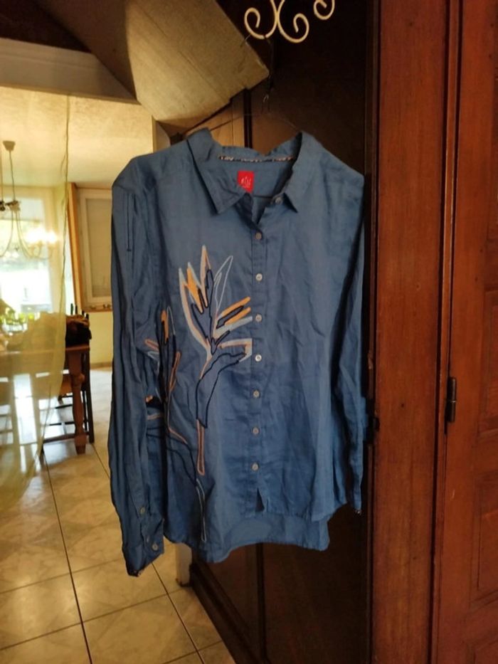 Chemise bleue fleurie 100% coton vintage L/40 - photo numéro 2