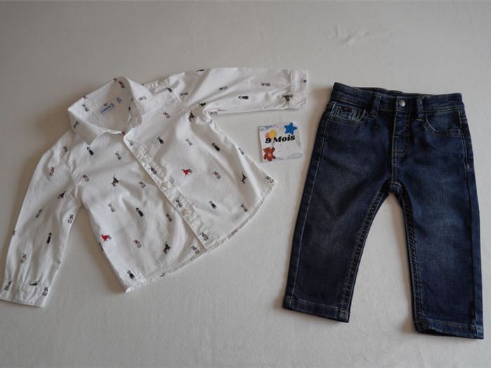 Ensemble Mayoral 9 mois : Pantalon en Jean + Chemise blanche fantaisie - photo numéro 2