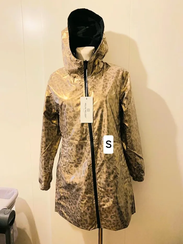 Manteau parka imperméable réversible long souple noire/doré léopard taille S - photo numéro 2
