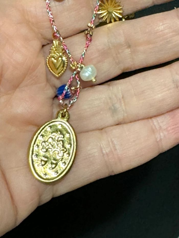 Collier sautoir habaha Paris cordon tressé pampilles perles cœur médaille vierge - photo numéro 14