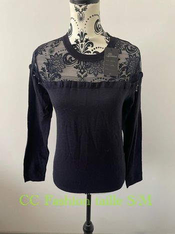 Pull manche longue bleu marine chaîne strass manche dentelle col neuf CC Fashion taille S/M