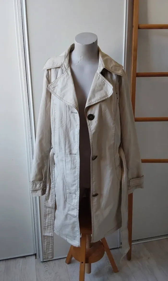 Trench veste Imperméable chic beige T 40 Coton ciré lin - photo numéro 4