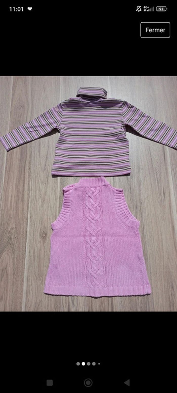 T-shirt col roulé rayé 98%cotton Décathlon et pull sans manches rose 100%cotton 2 ans - photo numéro 2