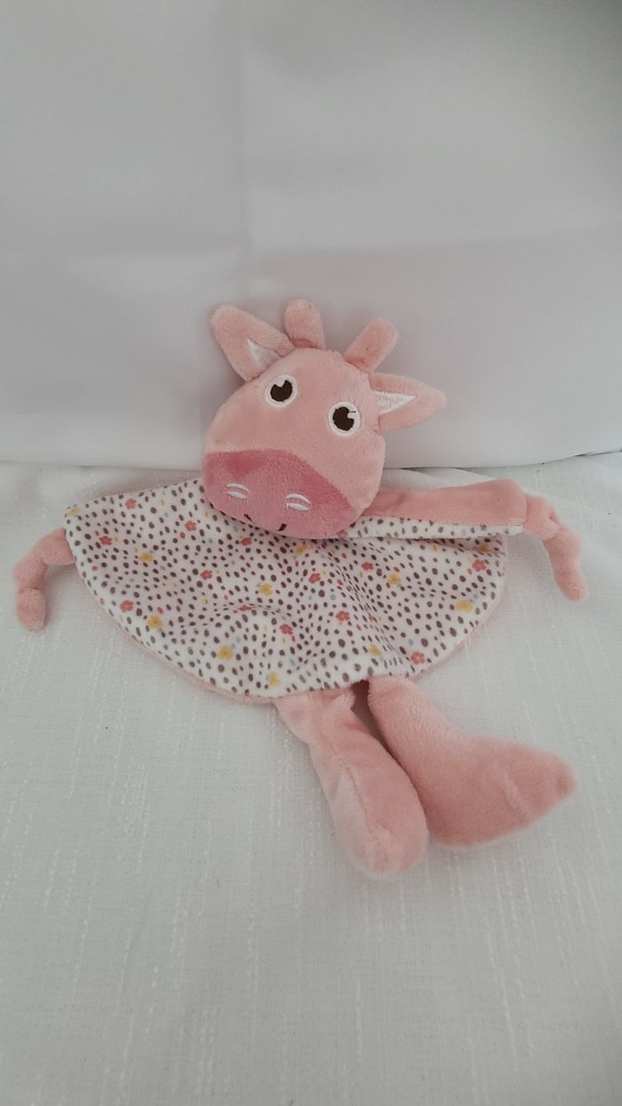 Doudou Plat/Mouchoir Rond Hochet Grelots Vache Rose Blanc Fleurs - Tom Et Kiddy