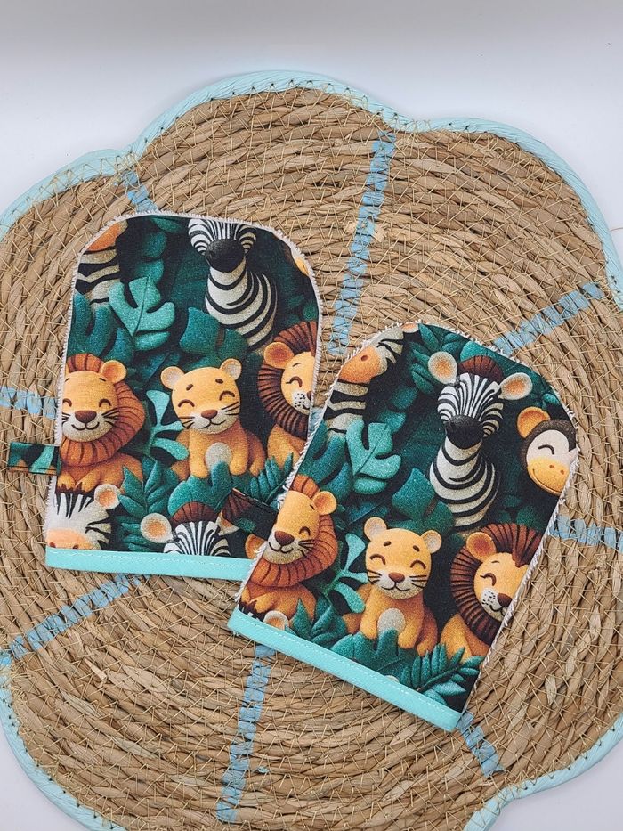 Lot de deux gant de toilette enfant jungle fait main