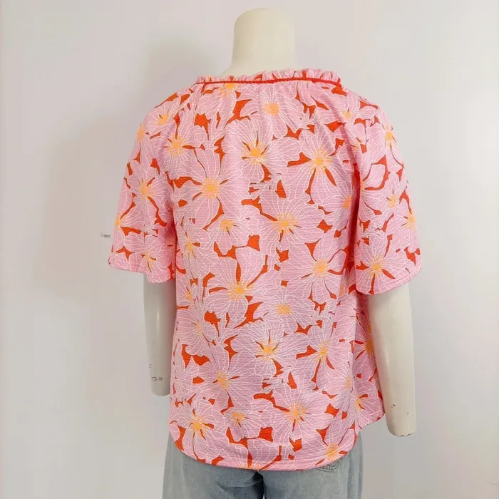 Blouse rose fleurie candy pink manches courtes taille M lien à pompons neuf A966 - photo numéro 4