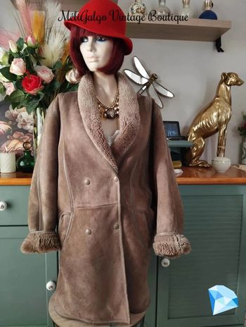 🌹 Manteau Cuir/Daim Velours Beige Clair Doublé Sherpa Vintage T40/42🌹