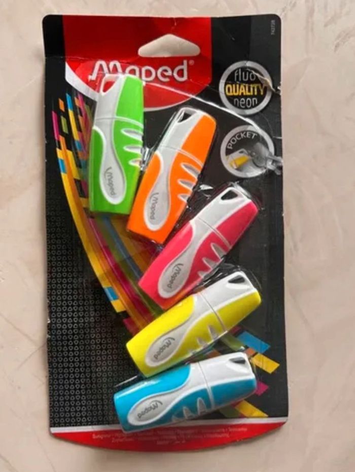 fournitures scolaires neuf maped fluo surligneur école feutres néon pocket porte clés vert orange