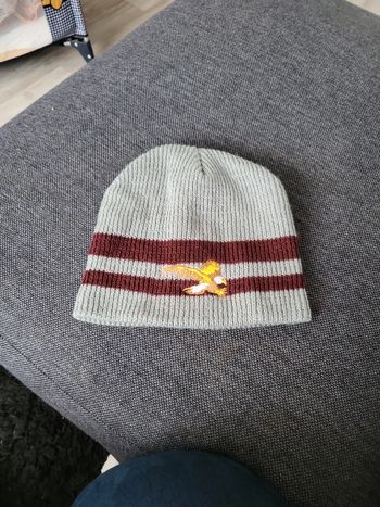 Bonnet gris et bordeaux.