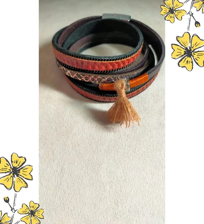 Bracelet multirangs fantaisie – Tons chauds & pampille beige - photo numéro 3