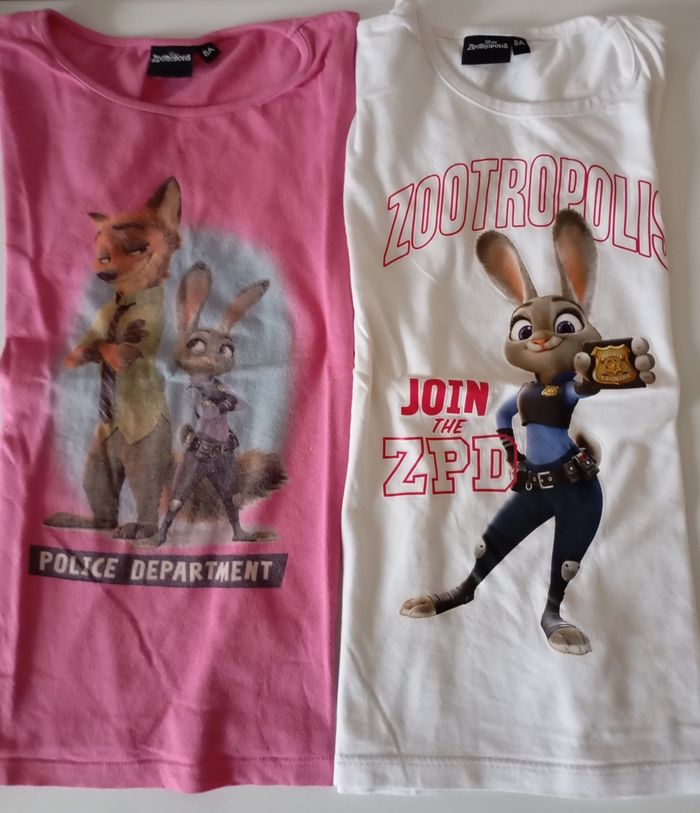 2 Tee shirt. 8 ans .Coton .  Rose et blanc . Disney Zootopie . Très bon état - photo numéro 2