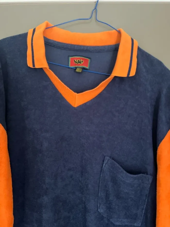 Polo homme manches courtes coton éponge bleu et orange taille L Zara - photo numéro 2