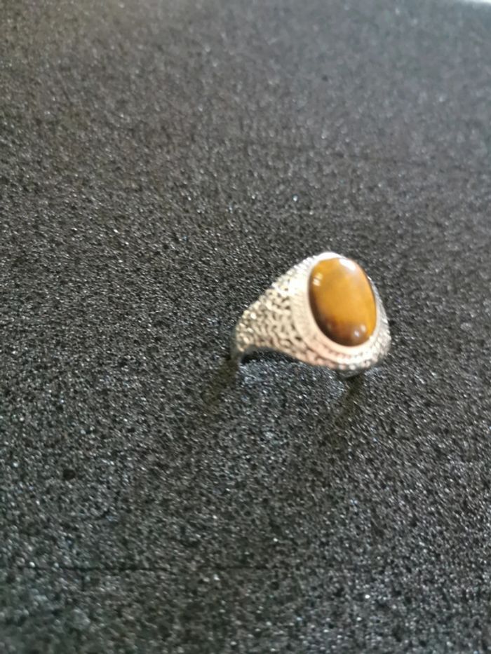 Chevalière homme acier et pierre œil de tigre T12