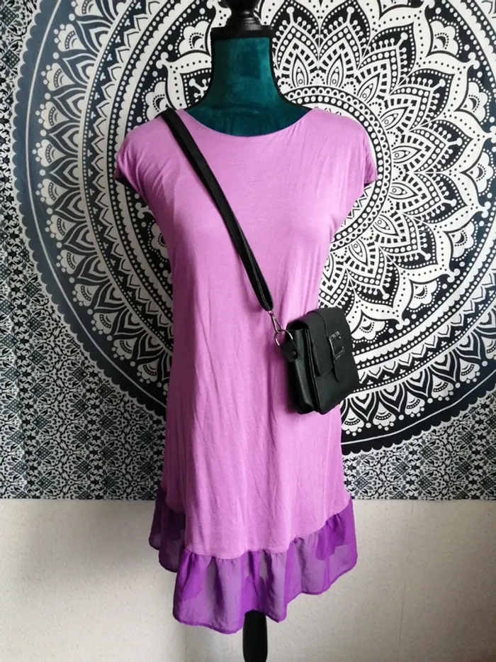 Robe violette à volants bi-matière croisée dans le dos doublée / diksi / (M)