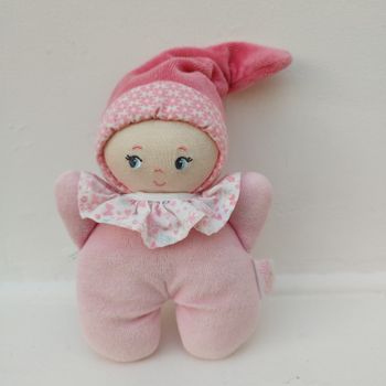 Doudou Poupée rose col fleurs hochet Corolle