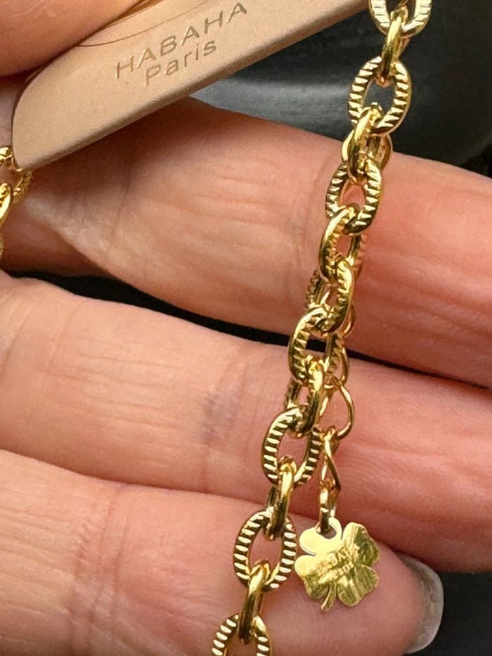 Sautoir habaha Paris acier inoxydable  chaîne  réglable chaises pierres pyrite amazonite dorés - photo numéro 4