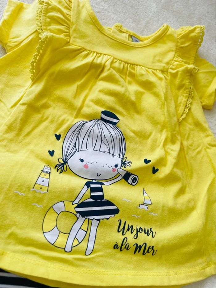 Ensemble tee shirt jaune et leggins bleu marine et blanc 12 mois - photo numéro 4