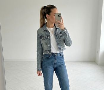 Veste courte en jean strassée – Taille XS 