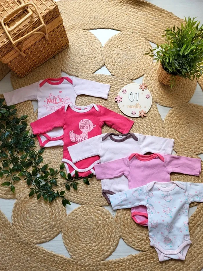 🌼 Lot : 5 body manches longues 1 mois fille (56cm)🌼