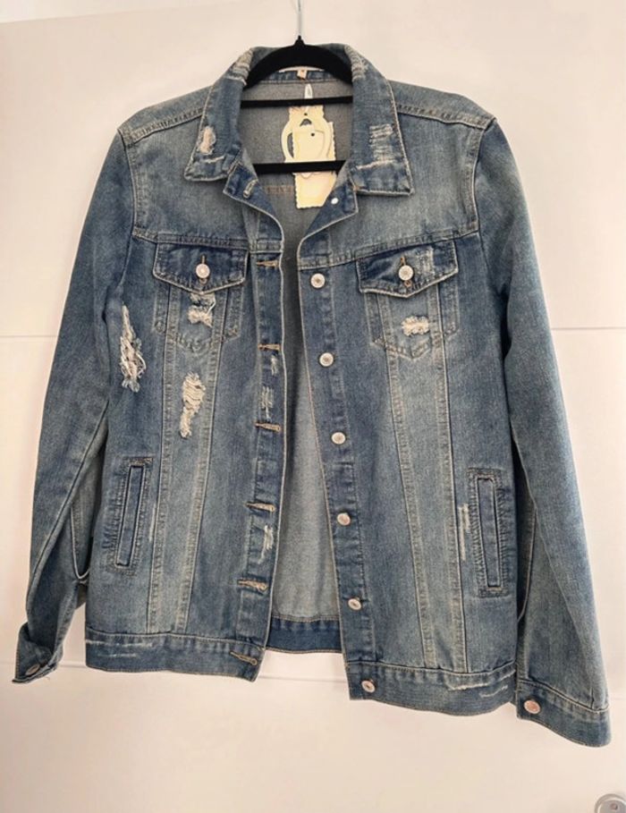 Veste jean vestido M bleu denim manches vest manteau blouson Giacca chaqueta destroy jacket jas