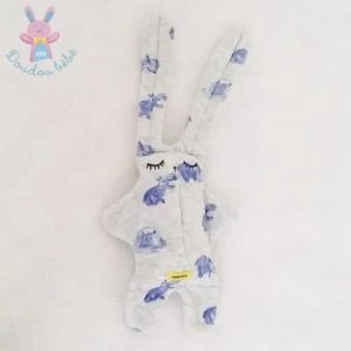 Doudou semi-plat Lapin gris bleu hippopotames Catimini