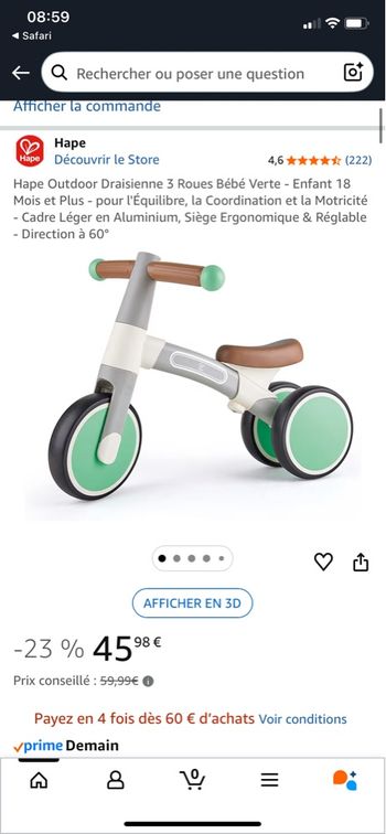  Draisienne 3 Roues Bébé Verte - Enfant 18 Mois et Plus 