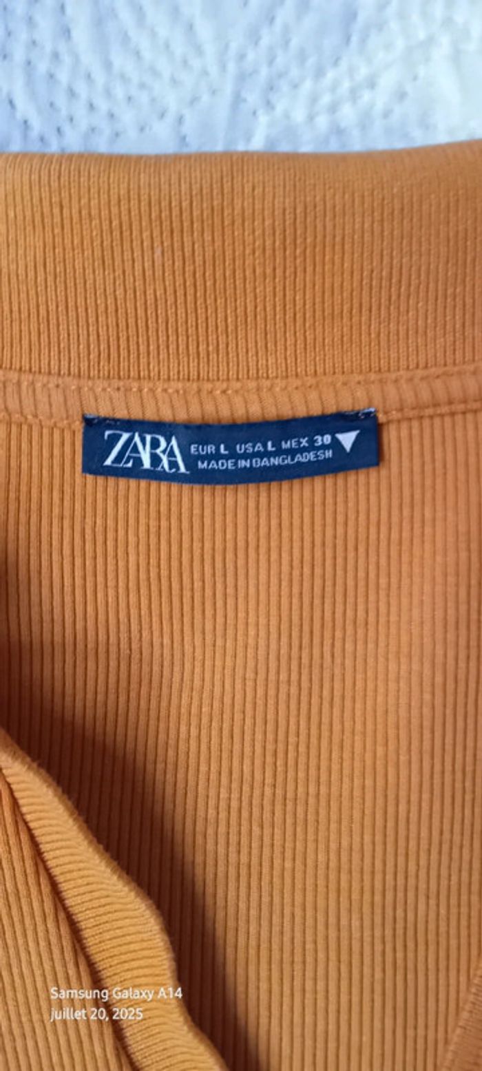 Polo court manches longues maille côtelée col en V à boutons orange femme L zara - photo numéro 14