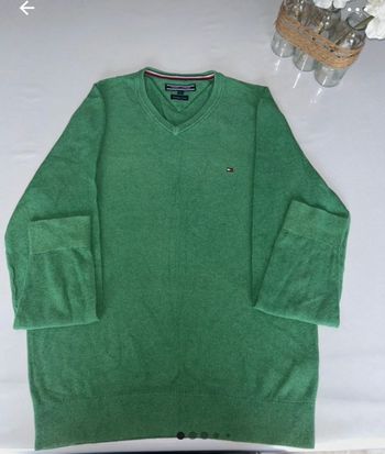 Pull Tommy Hilfiger Vert Taille L Col V Logo Brodé - Classique & Tendance Unisexe Casual Taille L