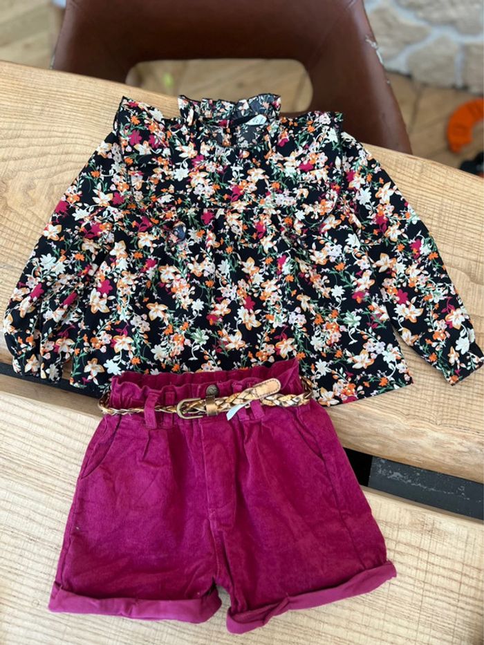 Ensemble 5 ans shein Lili marelle short velours côtelé blouse tunique à fleurs fille - photo numéro 7