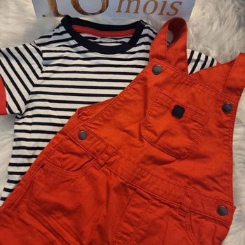 NEUF (non porté) 🏷🤩😍💙sublime  ensemble salopette courte et teeshirt mc 18 mois garçon 😍🤩🏷💙👍