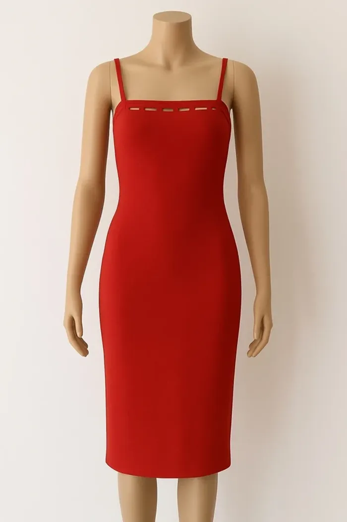 Robe longue rouge avec fente à l’arrivée
