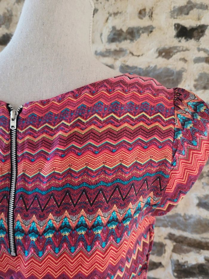 Blouse manches courtes à motifs rose corail bleu turquoise Camaïeu Taille 36 - photo numéro 5