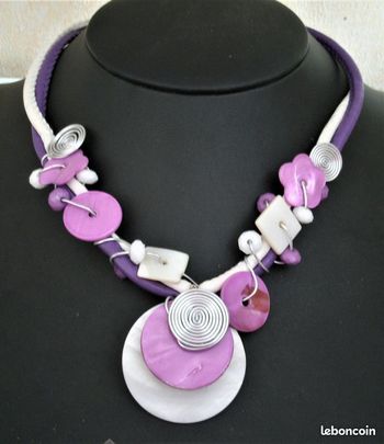 Collier émail rose et violet - Colimaçon en métal argenté