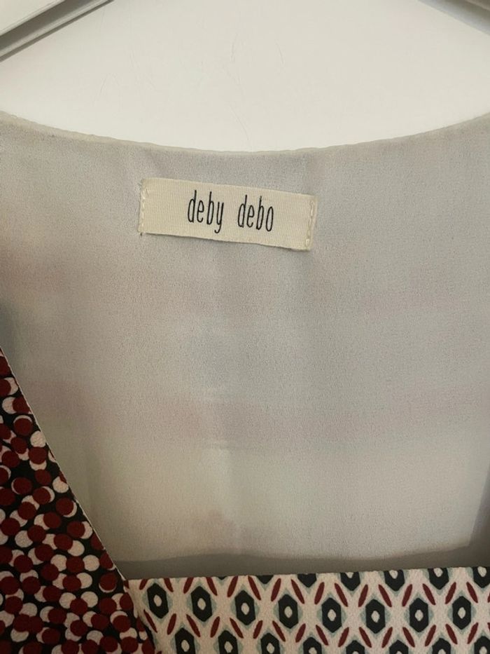 Robe à manches longues col V bas évasé bordeaux noir blanc bleu clair à motifs Deby Debo taille XS - photo numéro 5